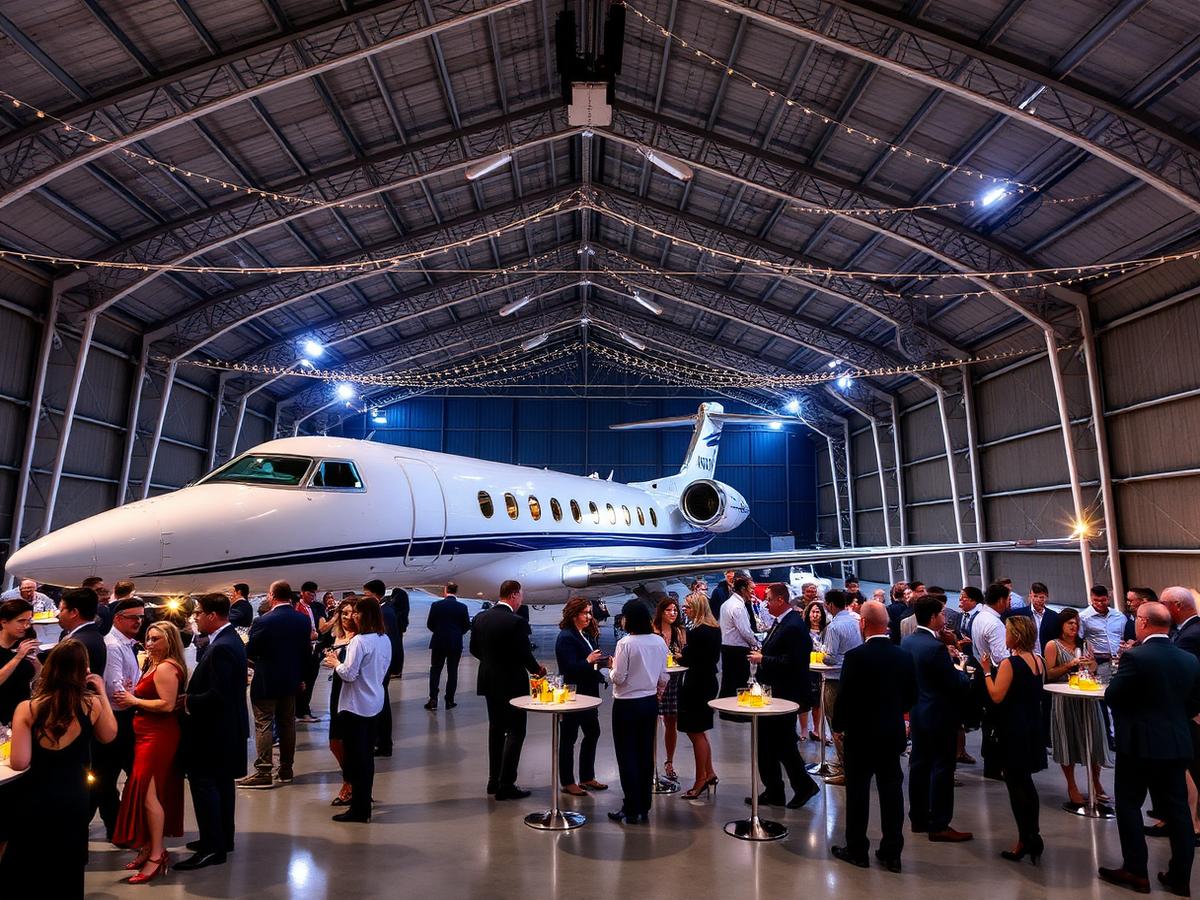 Evening corporate reception inside an aircraft hangar with a business jet
